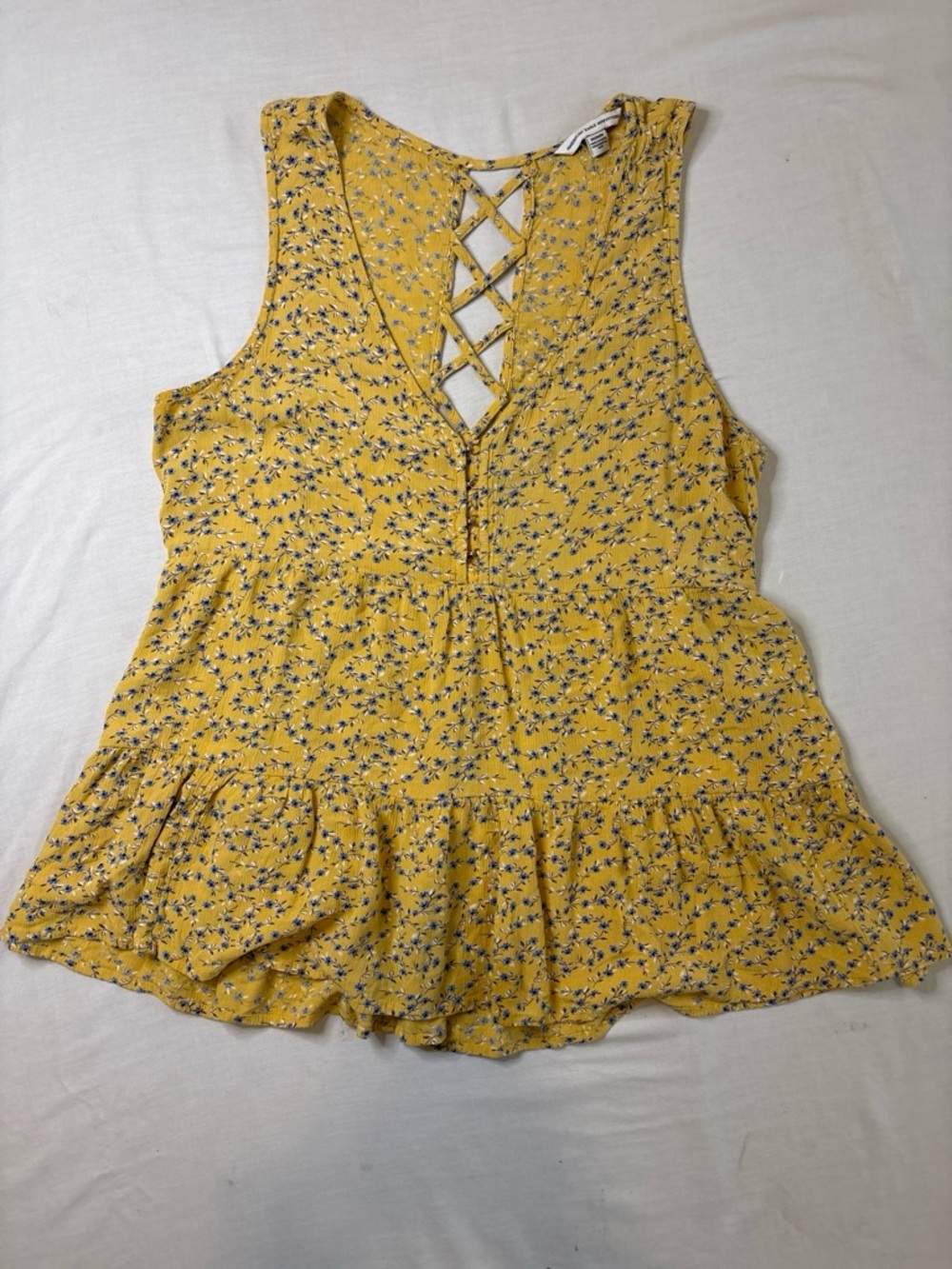 American Eagle Outfitters Yellow Floral Lace-Up V-Neck Tank